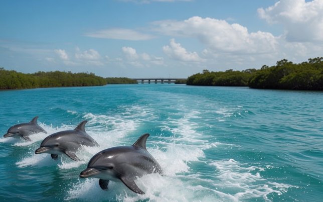 Bottlenose dolphins swimming in turquoise Gulf waters near Johns Pass